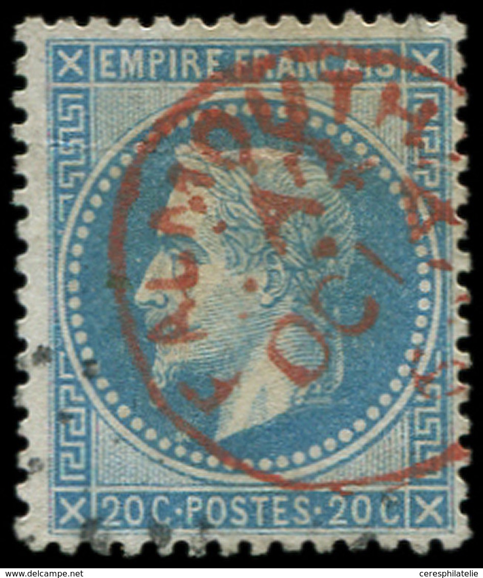 EMPIRE LAURE - 29B  20c. Bleu, T II, Obl. Càd ROUGE Anglais De Transit FALMOUTH, R Et TB - 1863-1870 Napoléon III Lauré