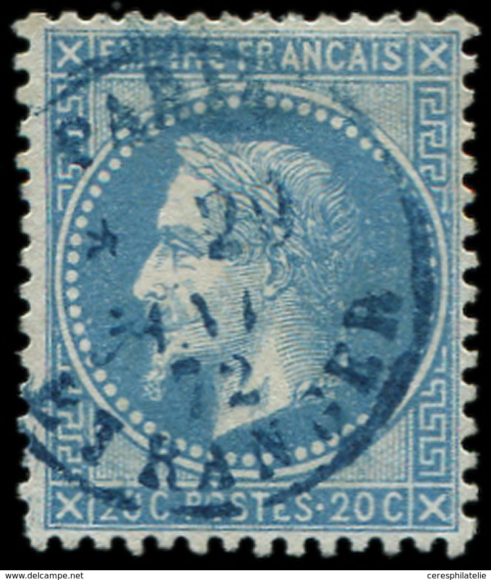 EMPIRE LAURE - 29B  20c. Bleu, T II, Obl. Càd BLEU PARIS ETRANGER 29/1/72, TTB - 1863-1870 Napoléon III Lauré