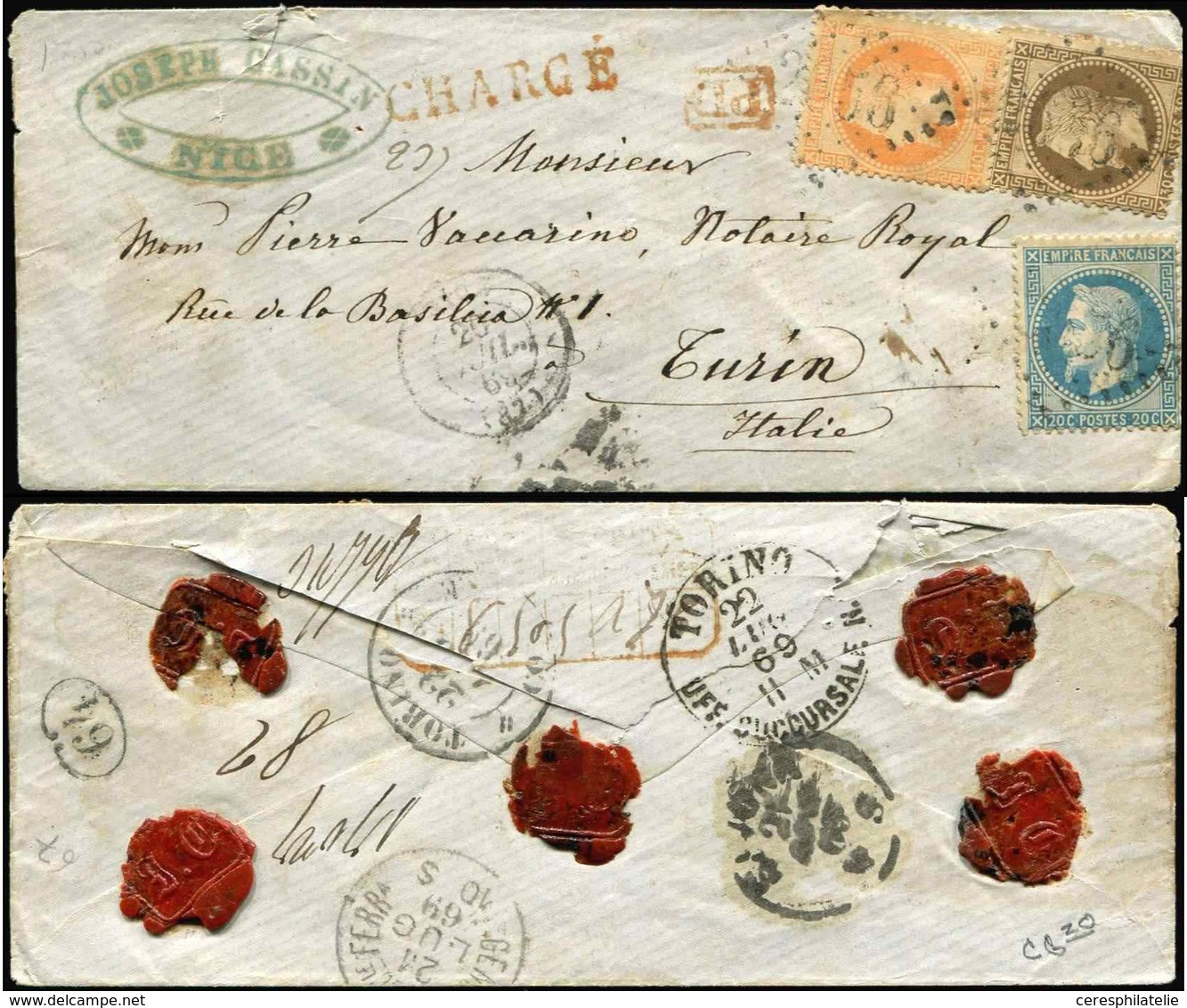 Let EMPIRE LAURE - 29A, 30 Et 31 Obl. GC 2656 S. Env. CHARGE, Càd T15 NICE 20/7/69, Arr. TORINO 22/7, Très JOLI TRICOLOR - 1863-1870 Napoleon III With Laurels