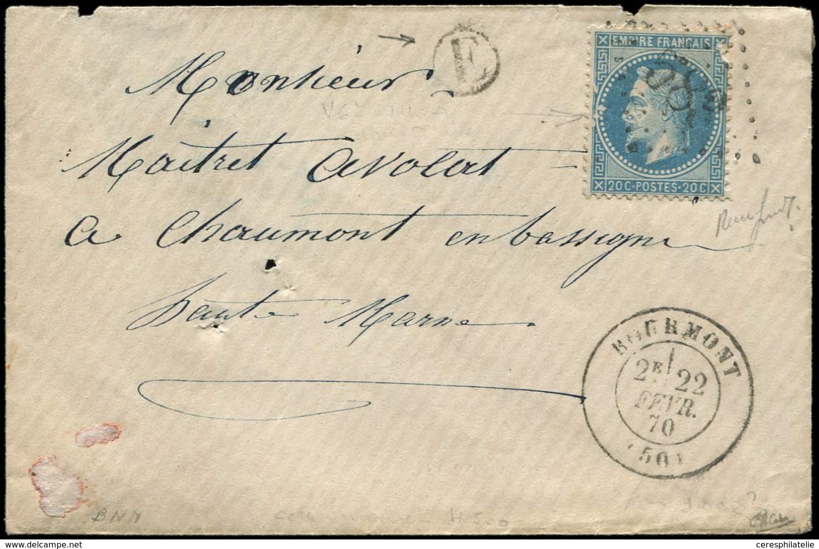 Let EMPIRE LAURE - 29B  20c. Bleu, T II, Variété "A LA PIPE" (partielle) Obl. GC 588 S. Env., Càd T17 BOURMONT 22/2/70,  - 1863-1870 Napoleon III With Laurels