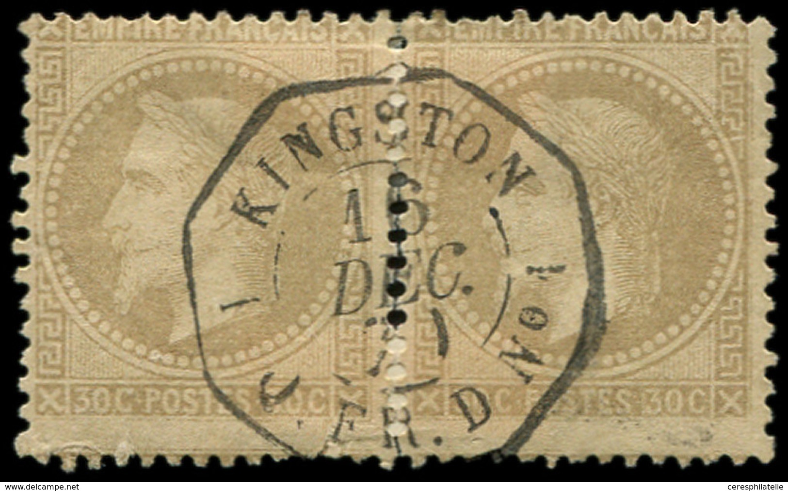 EMPIRE LAURE - 30   30c. Brun PAIRE Obl. Càd Octog. KINGSTON PAQ. FR. D N°1 16/12/79, Frappe TTB - 1863-1870 Napoleon III With Laurels