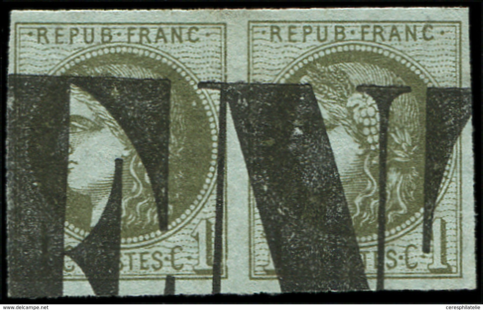 EMISSION DE BORDEAUX - 39A   1c. Olive, R I, PAIRE Obl. TYPO, TTB. J - 1870 Bordeaux Printing
