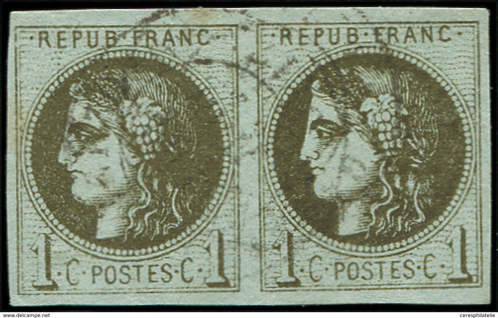 EMISSION DE BORDEAUX - 39C   1c. Olive, R III, PAIRE Obl. Càd, TB - 1870 Bordeaux Printing