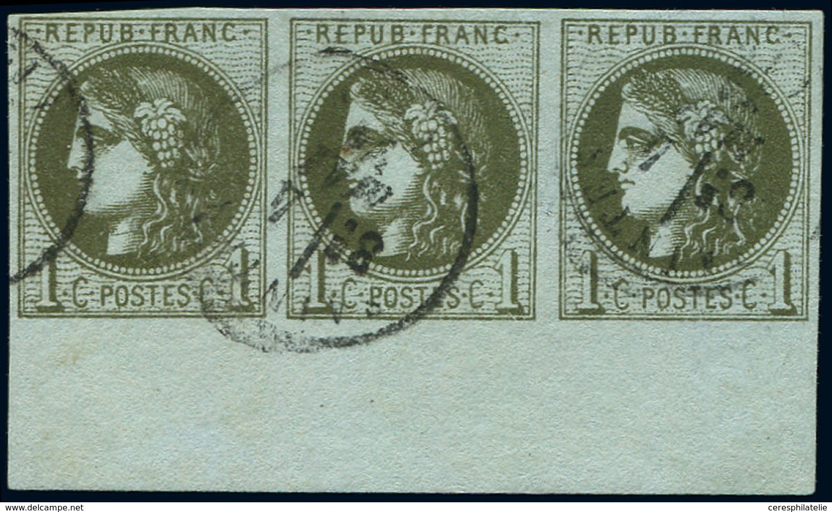 EMISSION DE BORDEAUX - 39Cb  1c. Olive Foncé, R III, BANDE De 3 Bdf Obl. Càd T16 SAINTES 4/5/71, TB - 1870 Bordeaux Printing
