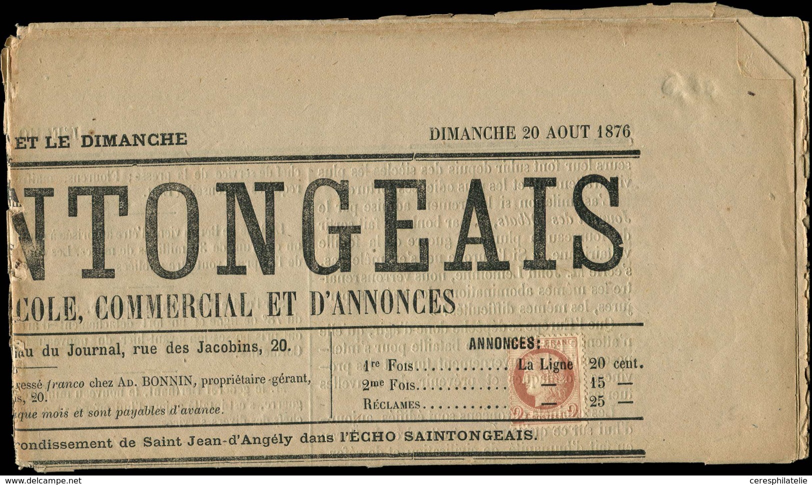 Let CERES DENTELE - 51    2c. Rouge-brun, Obl. TYPO S. Journal Entier L'Echo Saintongeais Du 20/8/76, TB - 1849-1876: Periodo Classico