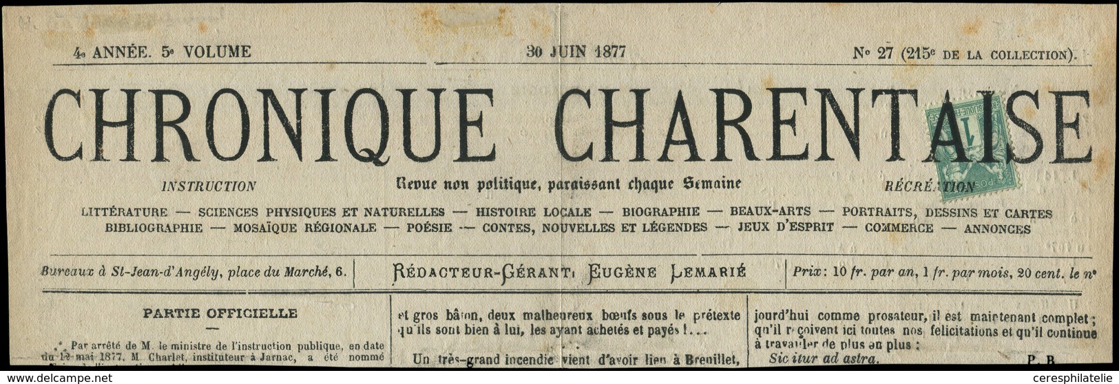 TYPE SAGE - 61    1c. Vert Obl. TYPO S. Fragt De "LA CHRONIQUE CHARENTAISE" Du 30/6/77, R Et TB - 1876-1878 Sage (Type I)