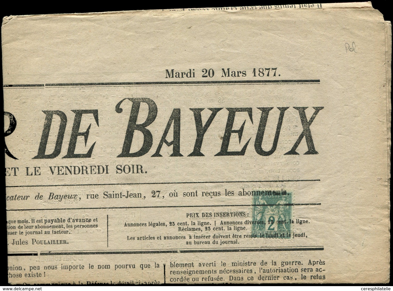 Let TYPE SAGE SUR LETTRES - N°74 Obl. TYPO Sur Journal "L'INDICATEUR De BAYEUX" Du 20/3/77, TB - 1877-1920: Semi Modern Period