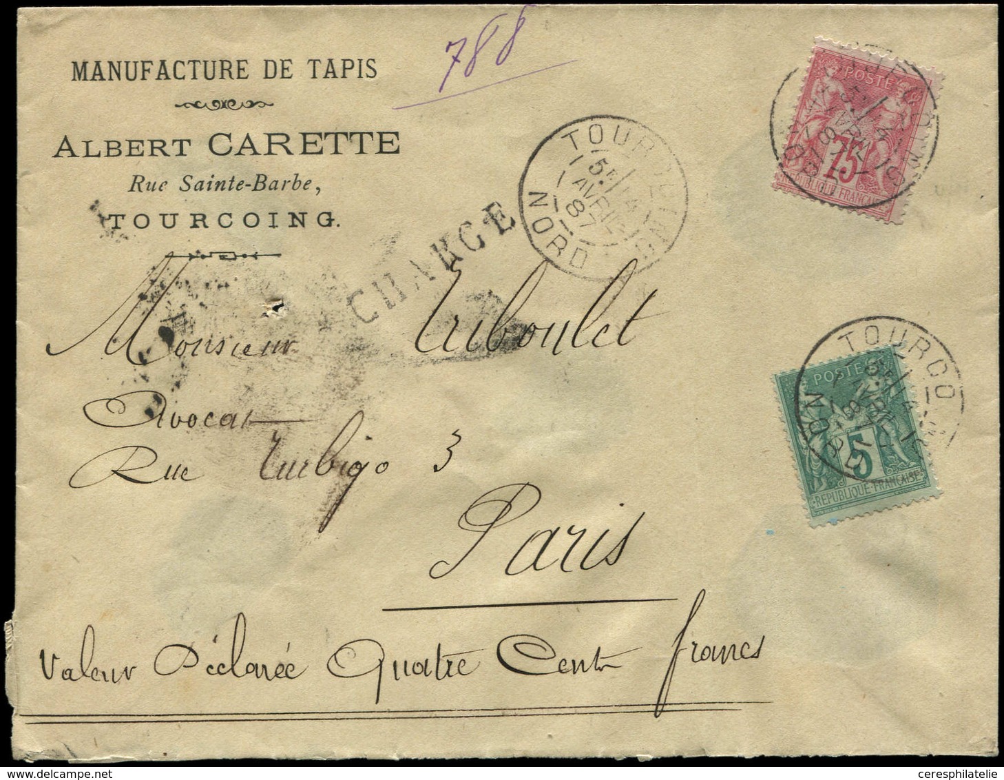 Let TYPE SAGE SUR LETTRES - N°75 Et 81 Obl. Càd TOURCOING 14/4/87 Sur Env. CHARGE, TB - 1877-1920: Semi Modern Period