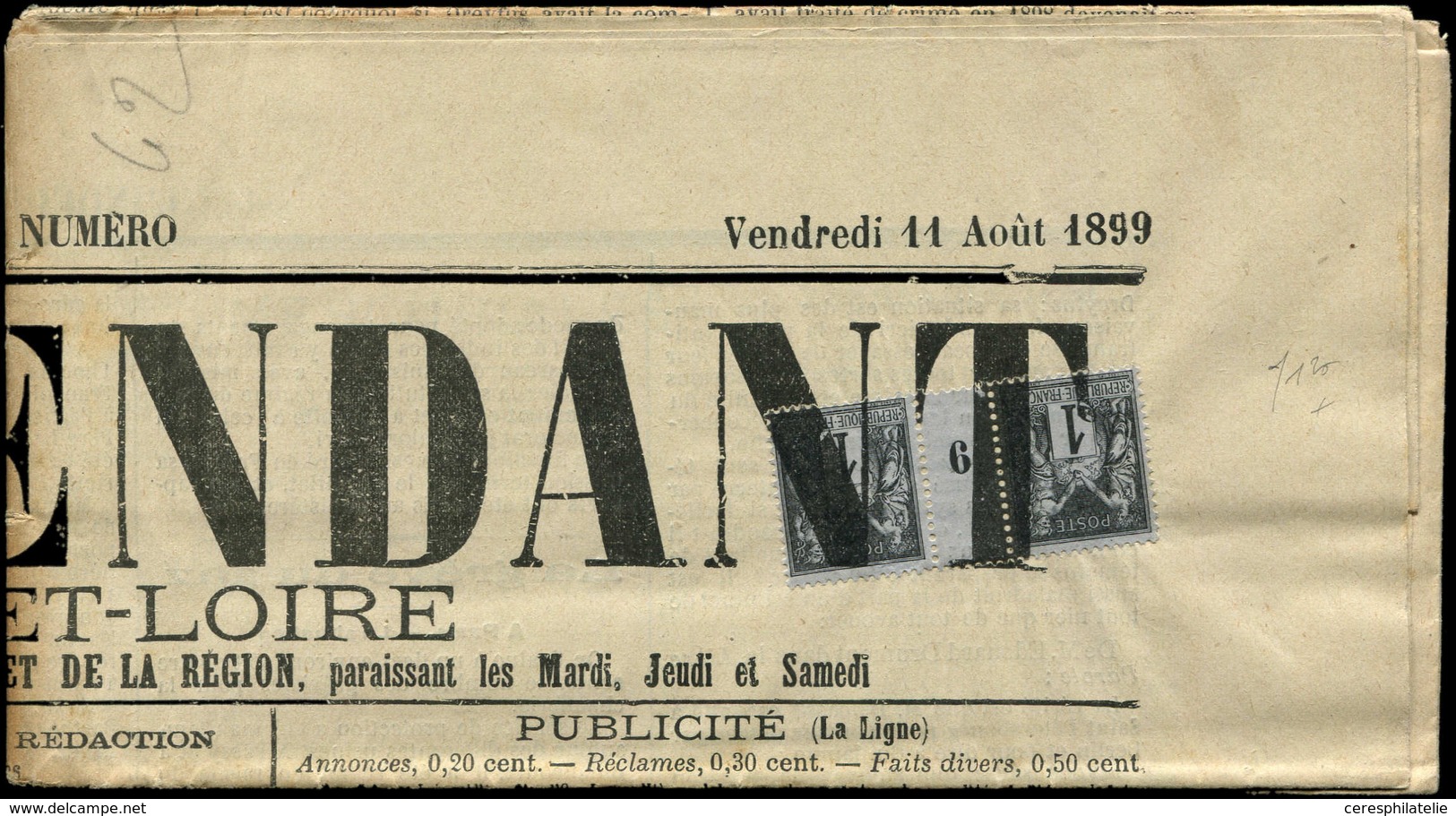 Let TYPE SAGE SUR LETTRES - N°83 PAIRE Mill.9 Obl. TYPO Sur "L'INDEPENDANT DE SAONE ET LOIRE" Du 11/8/99, Superbe, Cote  - 1877-1920: Semi Modern Period