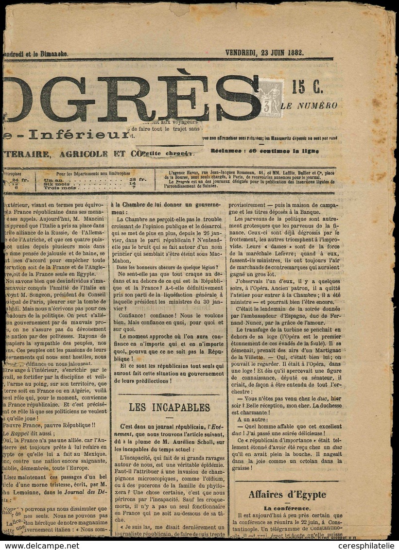 Let TYPE SAGE SUR LETTRES - N°87 Obl. TYPO Sur Journal LE PROGRES Du 23/6/82, TB - 1877-1920: Semi Modern Period