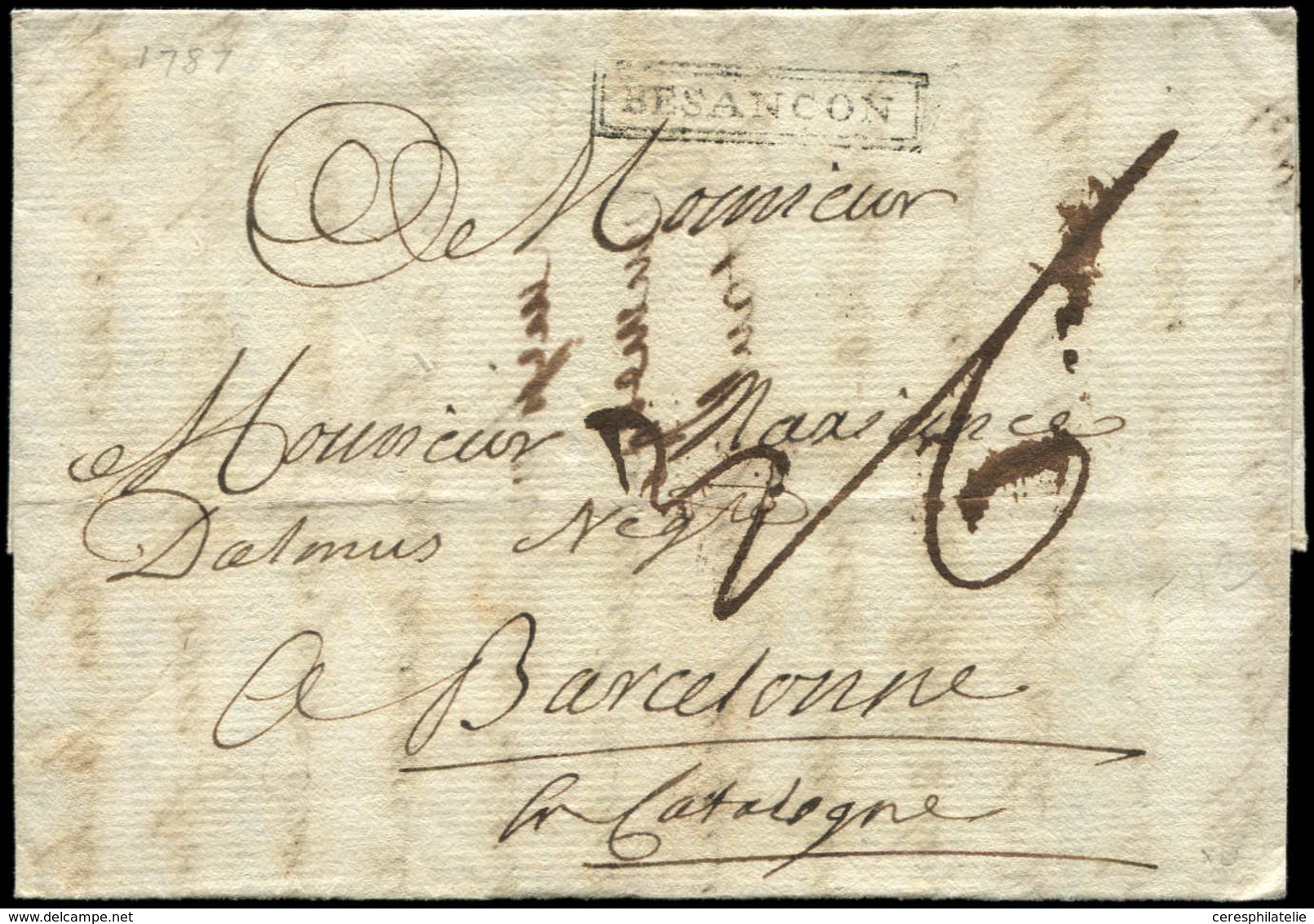 Let OBLITERATIONS PAR DEPARTEMENTS - 24/DOUBS MP Encadrée BESANCON S. LAC De 1787 Pour Barcelone, TB - Other & Unclassified