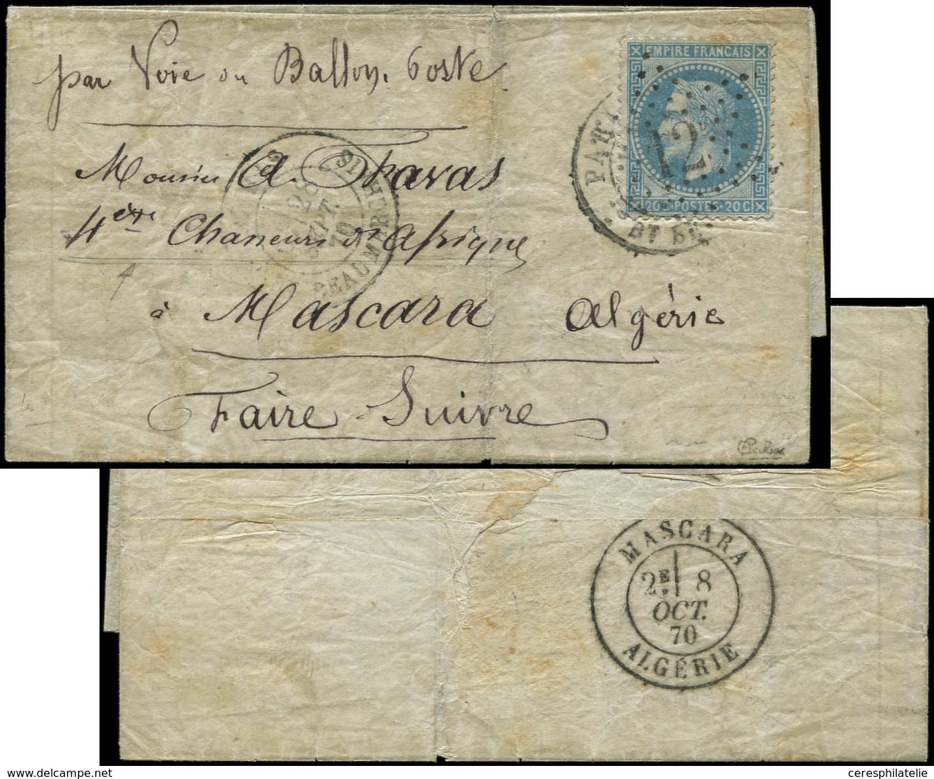 Let BALLONS MONTES - N°29 Obl. Etoile 12 S. LSC, Càd Bt Beaumarchais 28/9/70, Arr. MASCARA, TB. C. LES ETATS-UNIS - War 1870