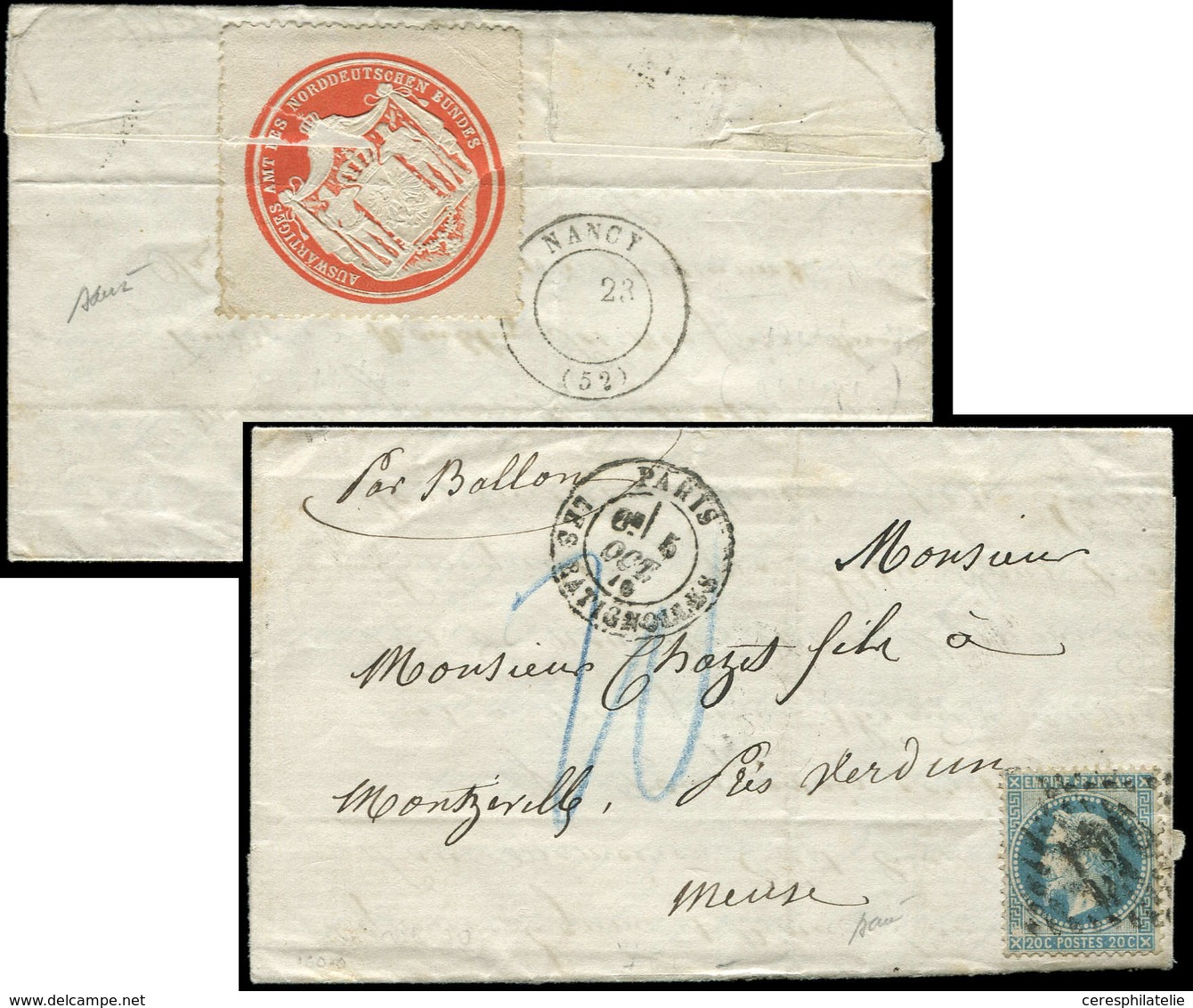 Let BALLONS MONTES - N°29A Obl. GC 347 S. LAC, Càd LES BATIGNOLLES 5/10/70 Pour MONTZEVILLE Meuse Zone Occupée, Passage  - War 1870