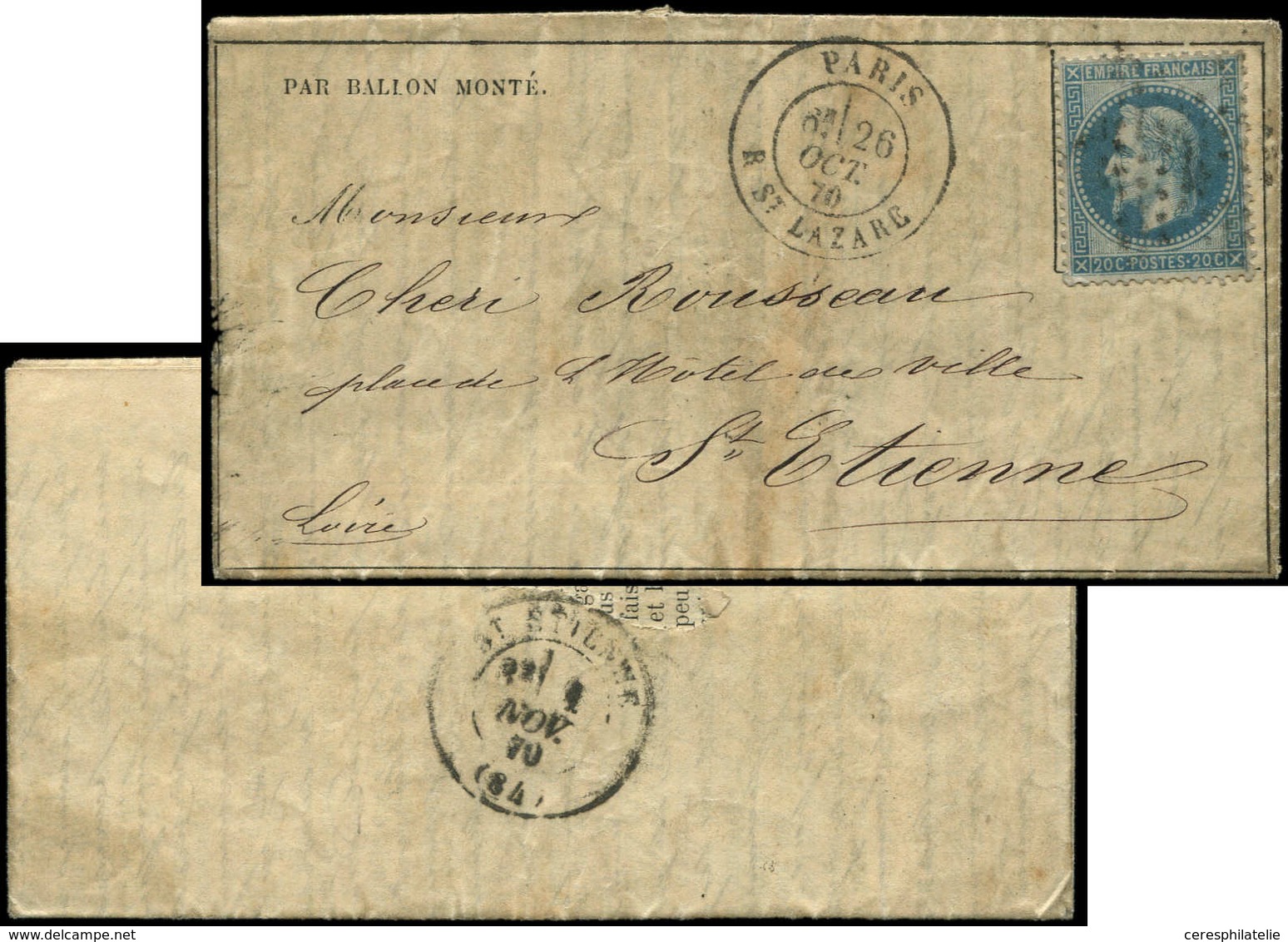 Let BALLONS MONTES - N°29 Obl. Etoile 2 S. Gazette N°2, Càd R. St Lazare 26/10/70, Arr. St ETIENNE 1/11, TTB. LE VAUBAN - War 1870