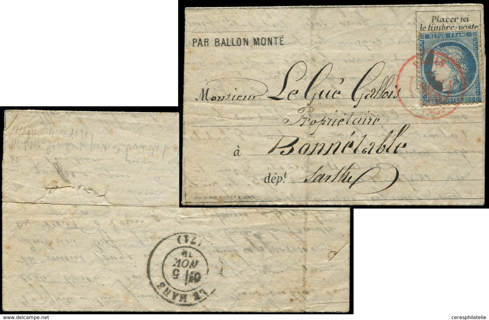 Let BALLONS MONTES - N°37 Obl. Càd Rouge PARIS (SC) 3/11/70 S. LAC Formule, Arr. LE MANS 5/11 Pour BONNETABLE, TTB. LE F - War 1870