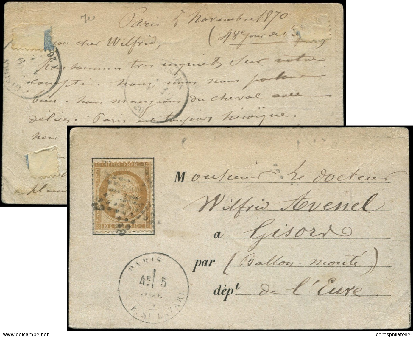 Let BALLONS MONTES - N°36 Obl. Etoile 2 S. Carte, Càd R. St Lazare 5/11/70, Arr. GISORS 9/11, TB. LA VILLE De CHATEAUDUN - War 1870