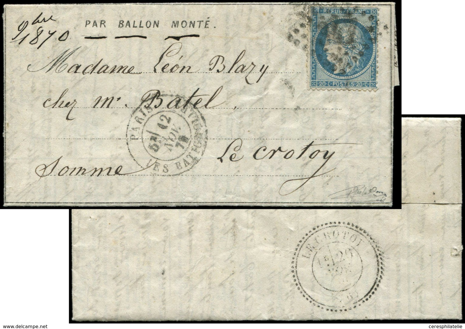 Let BALLONS MONTES - N°37 Obl. GC 347 S. DEPECHE BALLON N°5, Càd LES BATIGNOLLES 12/11/70, Arr. LE CROTOY, TB. LE Gal UH - War 1870