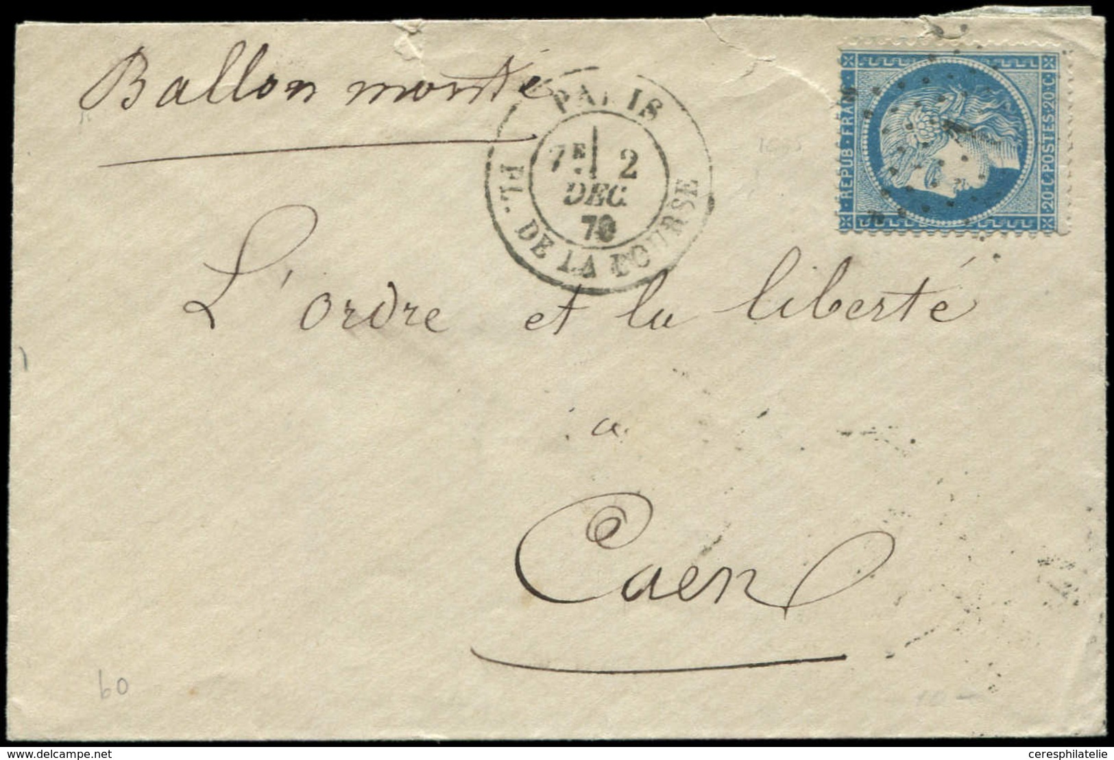 Let BALLONS MONTES - N°37 Obl. Etoile 1 S. Env., Càd Pl. De La Bourse 2/12/70, Arr. CAEN 8/12, TB. LE FRANKLIN - War 1870