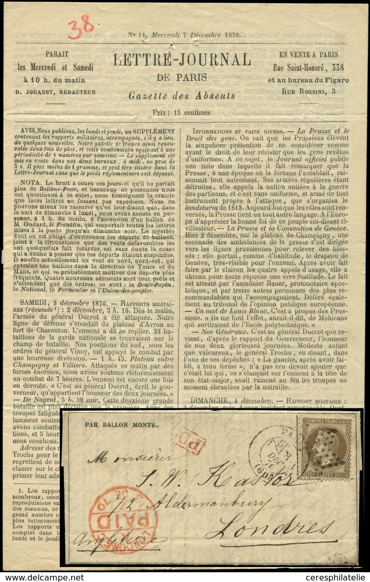 Let BALLONS MONTES - N°30 Obl. Etoile S. Gazette N°14, Càd 8/12/70, Càd Rouge LONDON PAID 13/12/70, TB. J. GENERAL RENAU - War 1870