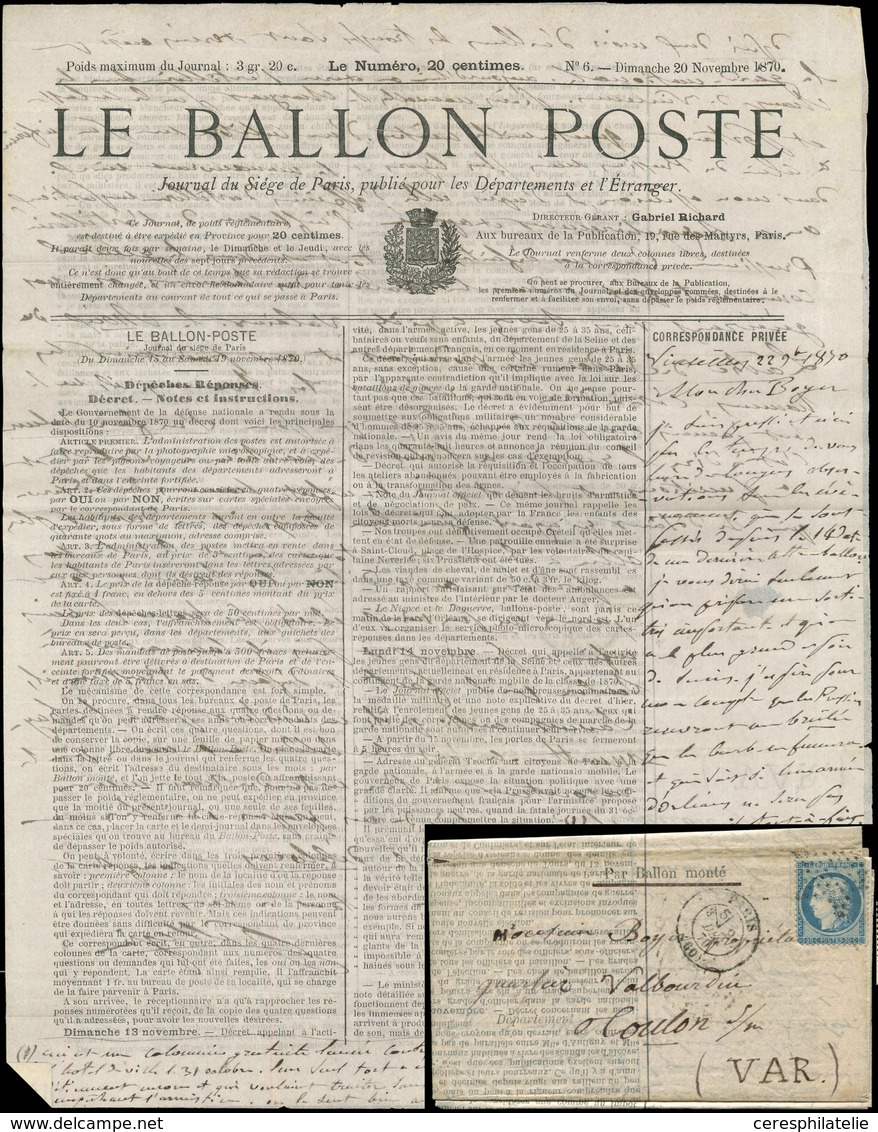 Let BALLONS MONTES - N°37 Obl. Etoile S. BALLON POSTE N°6, Càd Avec Section 5/3 9/12/70, Arr. TOULON 21/12, TB. LE Gal R - War 1870
