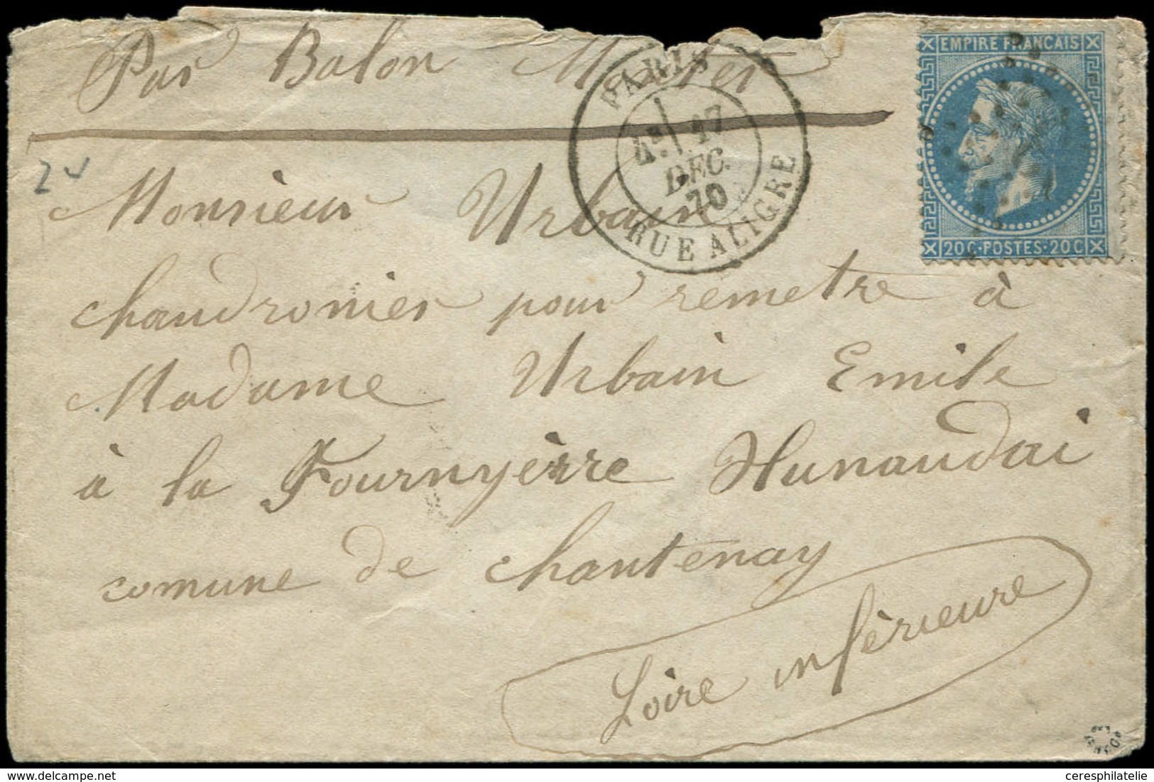 Let BALLONS MONTES - N°29B Obl. Etoile 23 S. Env., Càd Rue Aligre 17/12/70, Arr. CHANTENAY Loire Inf. 22/12, TB. LE DAVY - War 1870