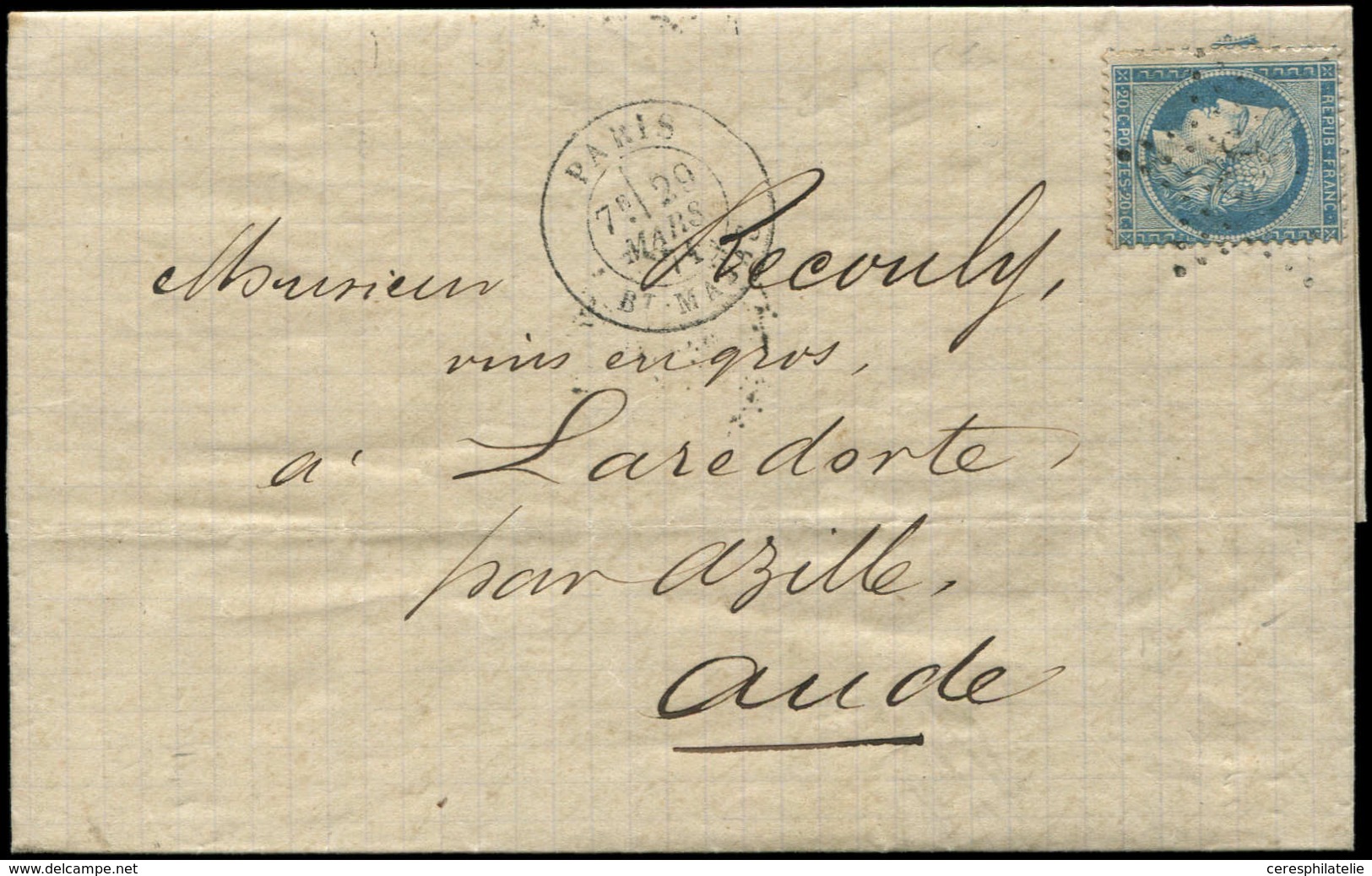 Let Commune De Paris -  N°37 Obl. Etoile 30 S. LAC, Càd Bt Mazas 29/3/71, Arr. AZILLE, TB - Guerra De 1870