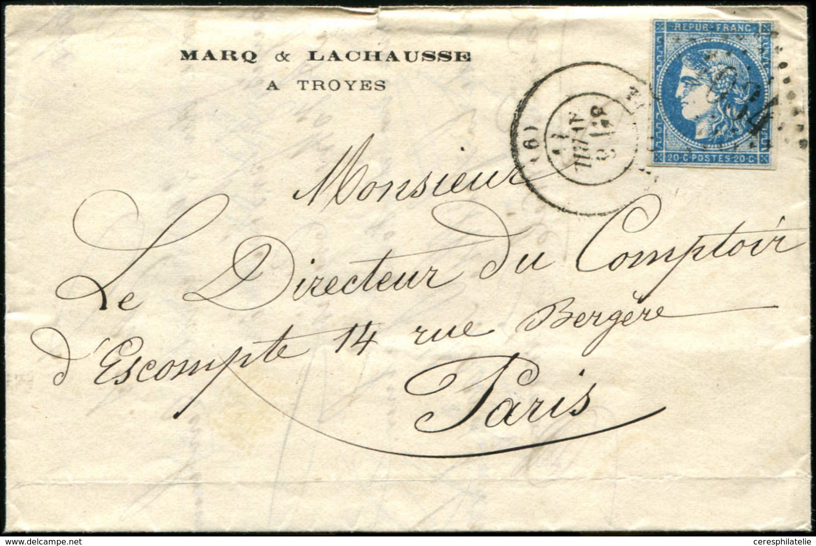Let Commune De Paris -  N°45 Obl. GC 4034 S. LAC, Càd T17 TROYES 8/4/71, Pour Comptoir D'Escompte Paris, à L'intérieur C - Guerra De 1870