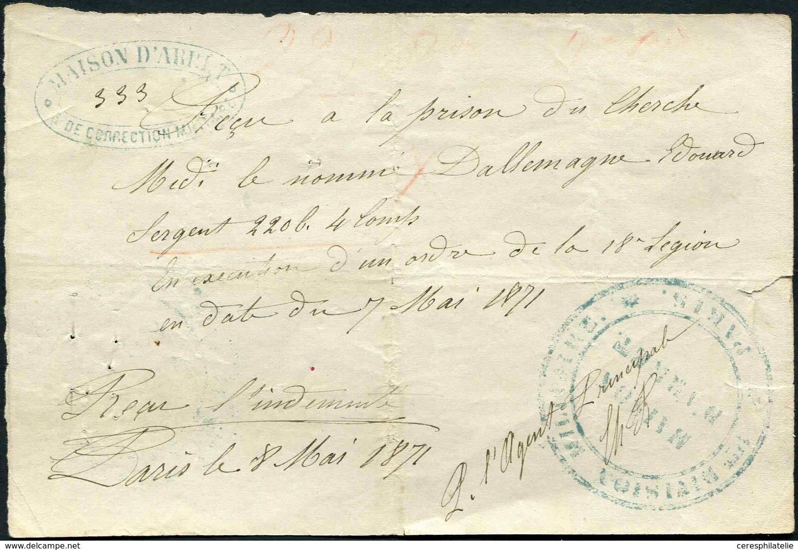 Let Commune De Paris -  Document De La Maison D'Arrêt Du Cherche Midi Daté 8/5/71, Cachet Bleu, TB - Guerra De 1870