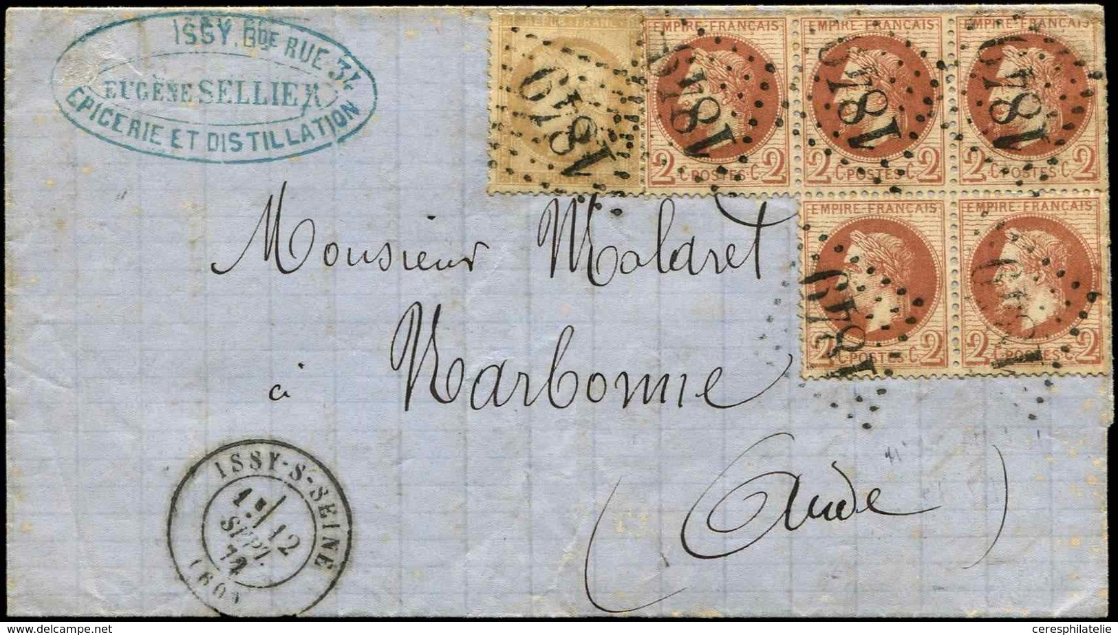 Let AFFRANCHISSEMENTS ET COMBINAISONS - N°26 BLOC De 4 (1 Ex. P.d.) + 1 Ex. + N°59 Obl. GC 1849 S. LAC, Càd T17 ISSY S.  - 1849-1876: Classic Period