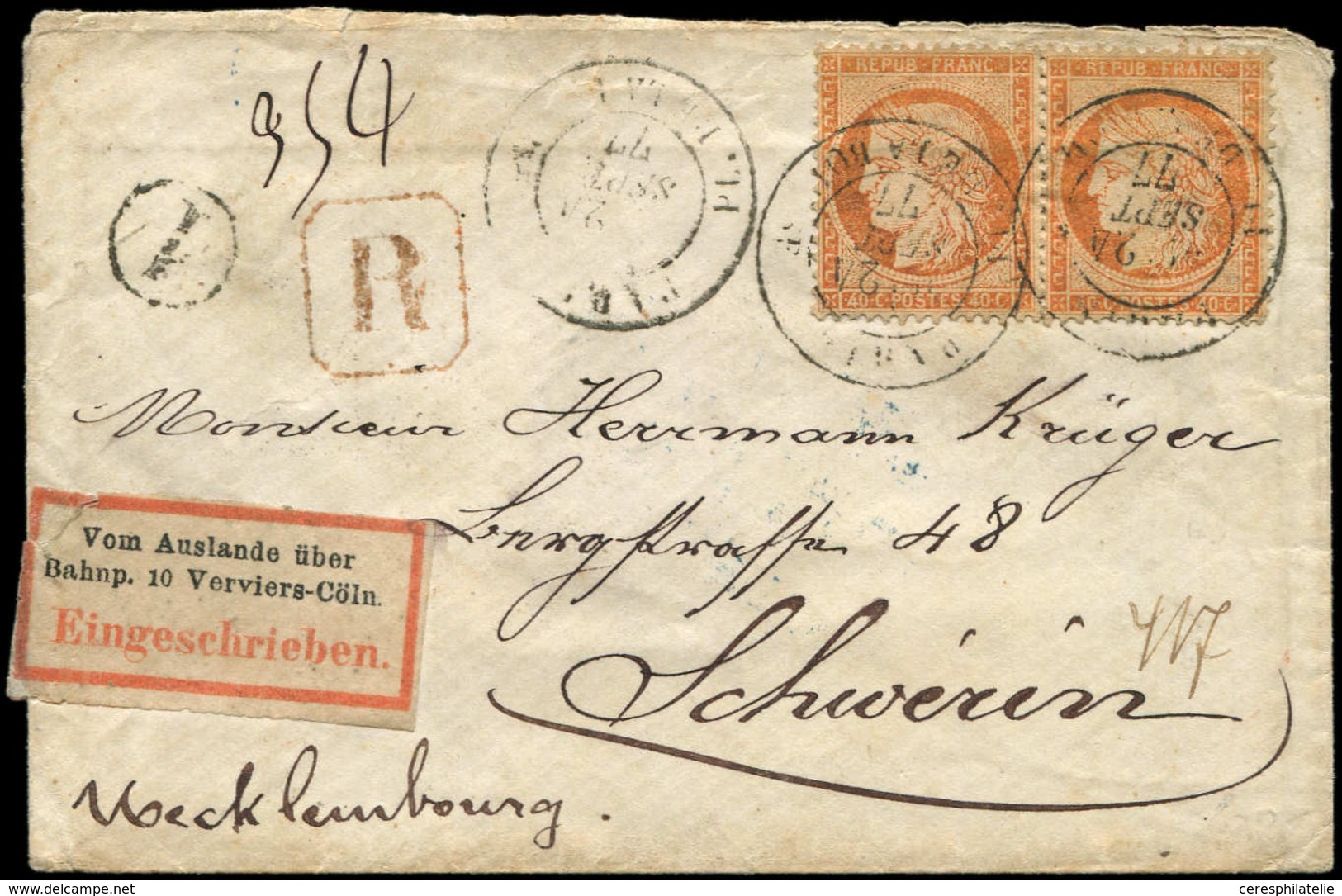 Let DESTINATIONS - N°38 PAIRE Obl. Càd Pl. De La Bourse 24/9/77 S. Env. Rec. Pour SCHWERIN, Tarif 80c. Pour Rec. De Moin - 1849-1876: Classic Period