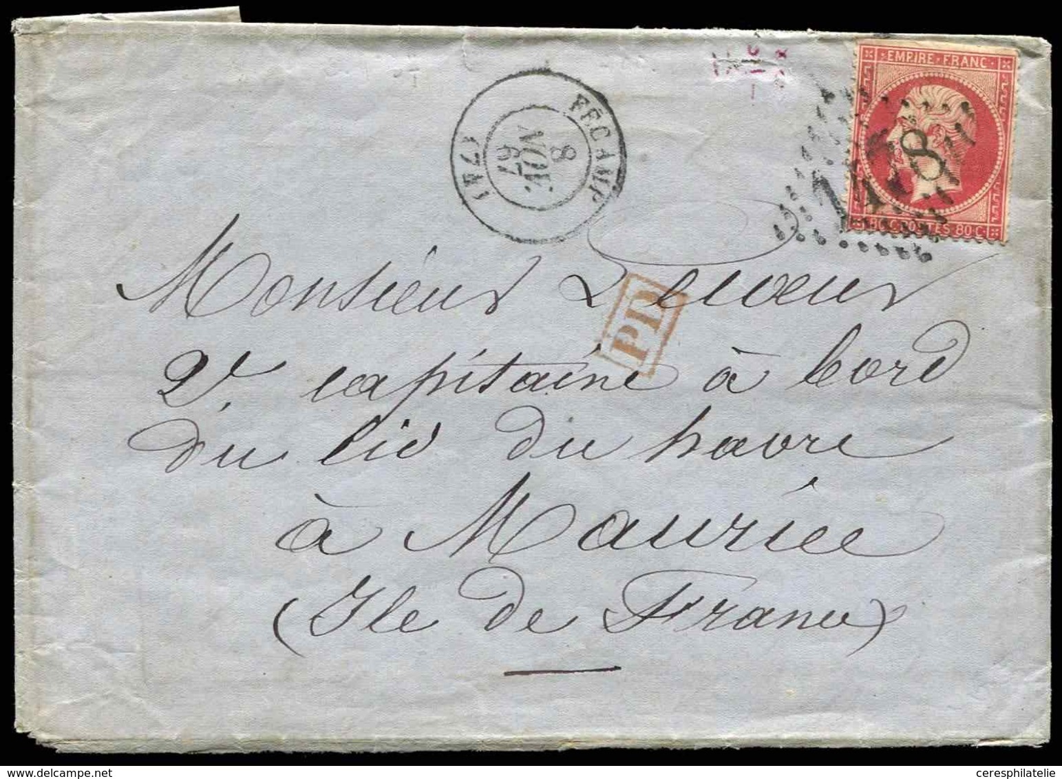 Let DESTINATIONS - N°24 Obl. GC 1478 De FECAMP 8/11/67 S. LAC, Pour Un Capitaine De Vaisseau à L'ILE MAURICE, Arr. 30/12 - 1849-1876: Classic Period