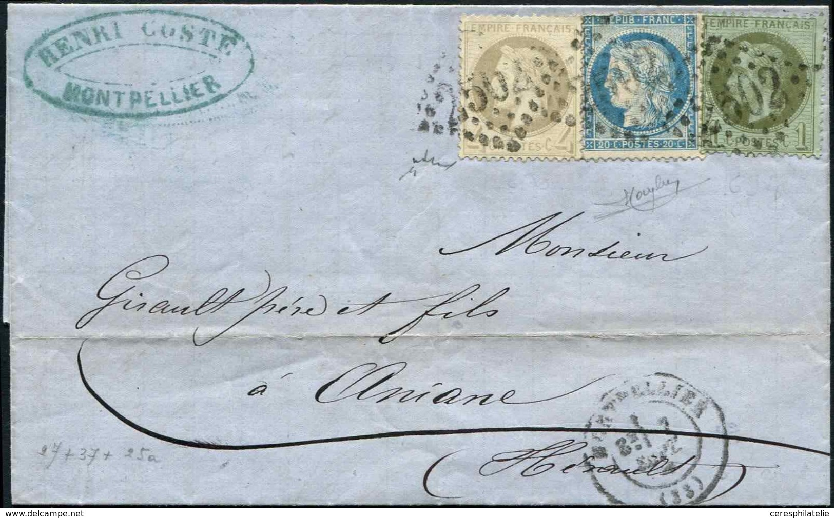 Let AFFRANCHISSEMENTS DE SEPTEMBRE 1871 - N°25, 27 Et 37, Tous Obl. GC 2502 S. LAC, Càd T17 MONTPELLIER 7/9/71, Très Bea - 1849-1876: Periodo Clásico