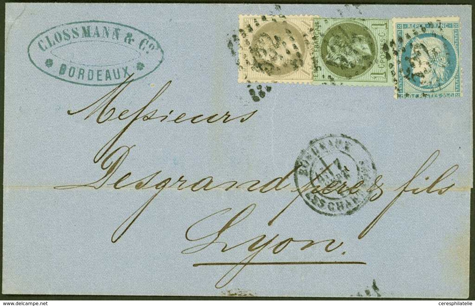 Let AFFRANCHISSEMENTS DE SEPTEMBRE 1871 - N°25, 27 Et 37 Obl. GC 532 S. LSC, Càd BORDEAUX 7/9/71, Arr. LYON 9/9, TB TRIC - 1849-1876: Periodo Clásico