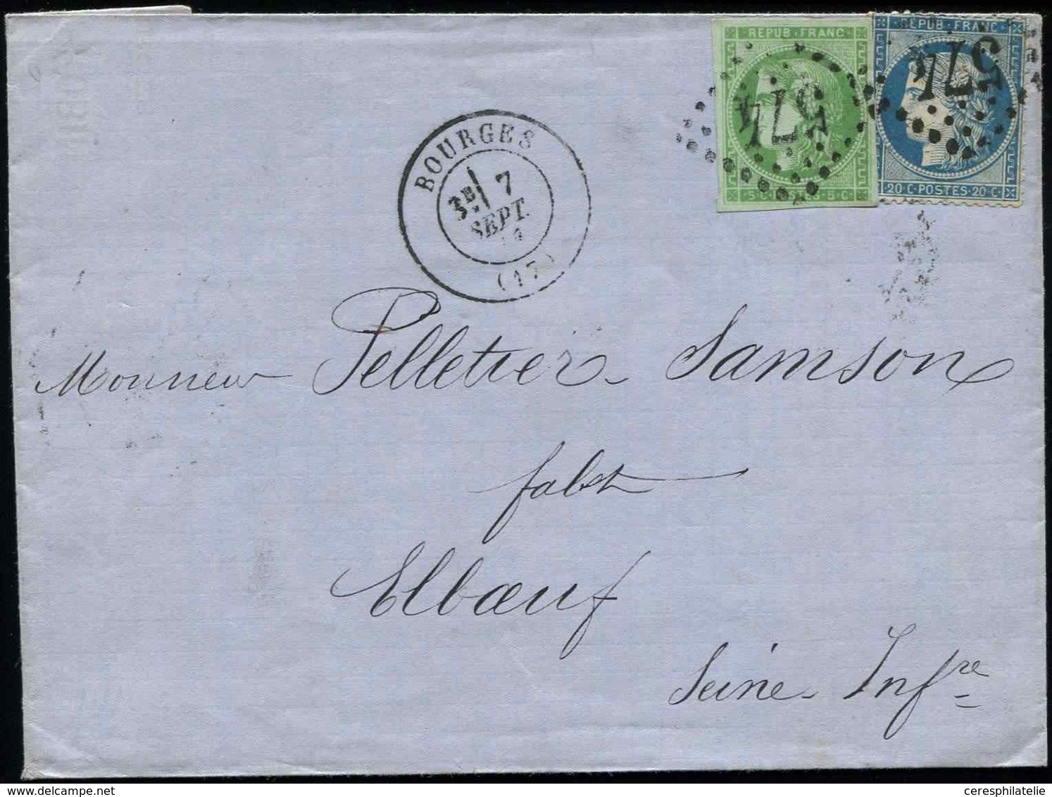 Let AFFRANCHISSEMENTS DE SEPTEMBRE 1871 - N°37 Et 42B, 20c. Et 5c., Obl. GC 574 S. LAC, Càd T17 BOURGES 7/9/71, TTB - 1849-1876: Classic Period