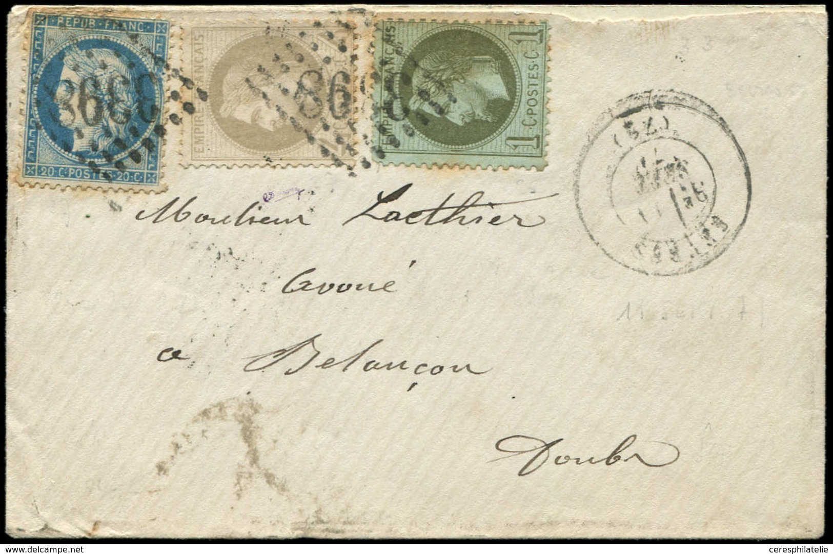 Let AFFRANCHISSEMENTS DE SEPTEMBRE 1871 - N°25, 27 Et 37 Obl. GC 3398 S. Env., Càd T17 SEVRES 11/9/71, TB - 1849-1876: Periodo Clásico