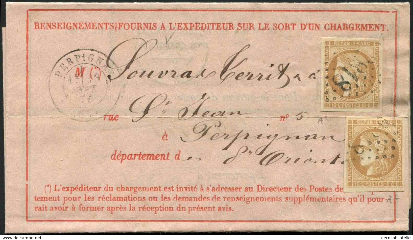 Let AFFRANCHISSEMENTS DE SEPTEMBRE 1871 - N°43Bd 10c. Bistre Brun R II, 2 Ex. Obl. GC 2818 S. Avis Rose De Chargement, C - 1849-1876: Periodo Clásico