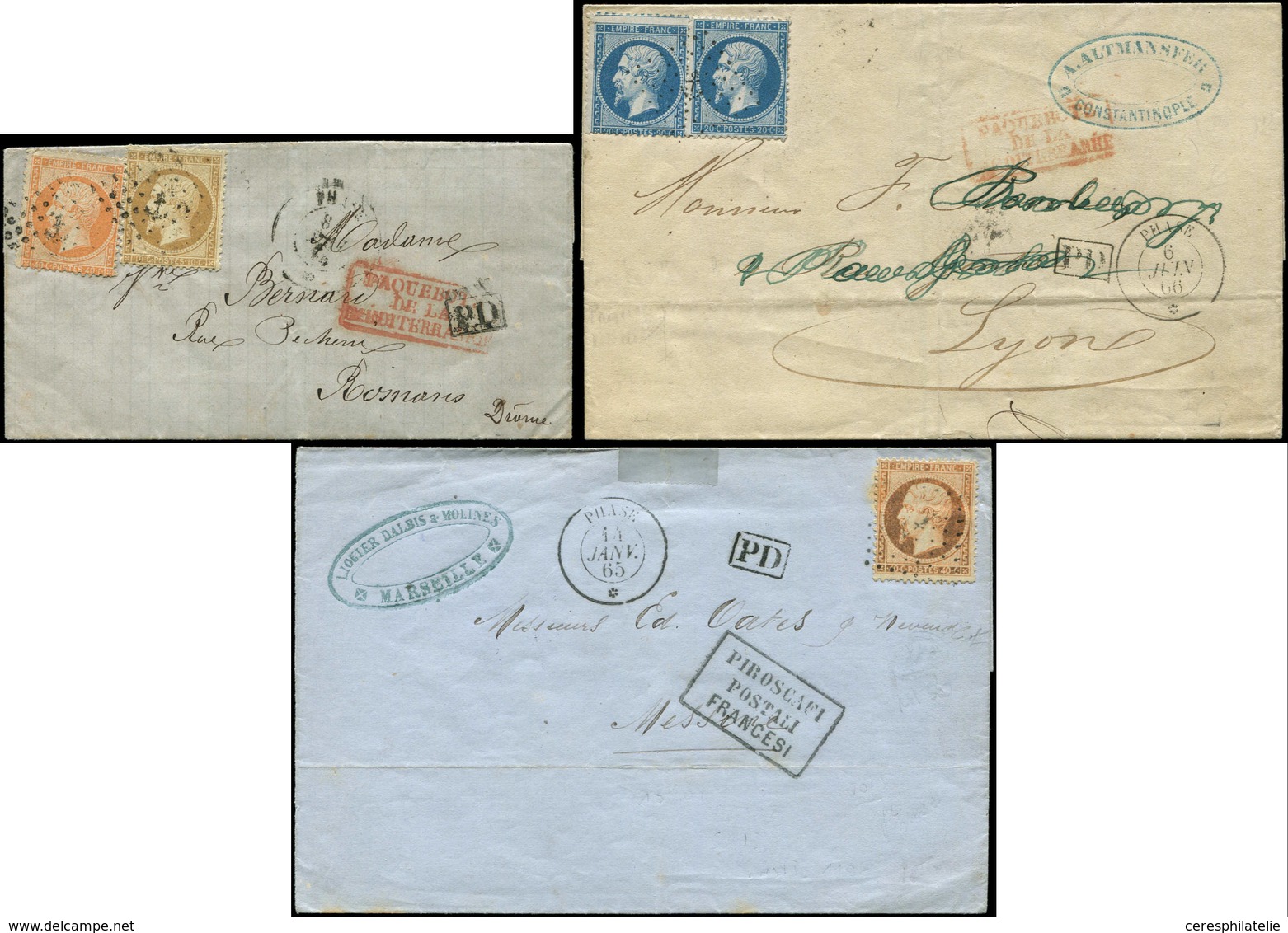 Let POSTE MARITIME - Paquebot PHASE, 3 Lettres Affr. Différents, 1865-66, TB - Correo Marítimo