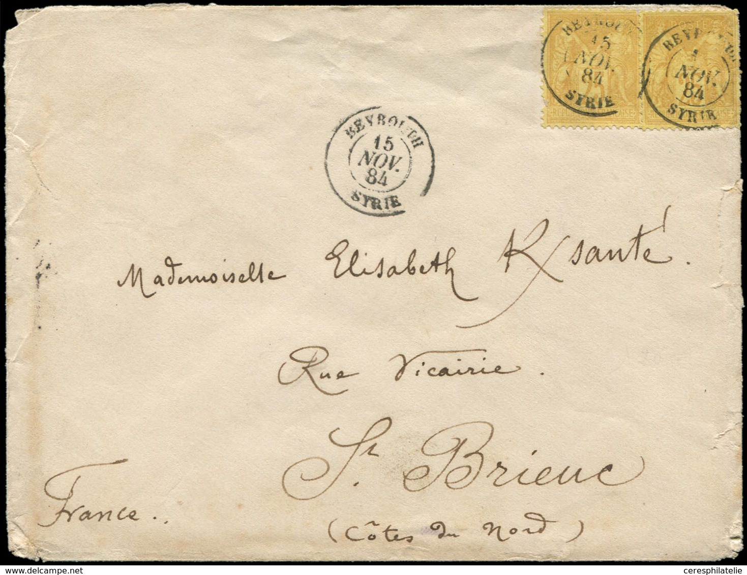 Let BUREAUX FRANCAIS A L'ETRANGER - N°92 25c. Jaune Bistre (2) Obl. Càd BEYROUTH 15/11/84 S. Env., Arr. St Brieuc, TB - 1849-1876: Classic Period