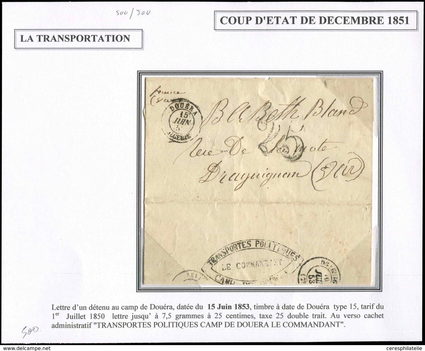 Let LETTRES ET OBLITERATIONS D'ALGERIE - Càd DOUERA/ALGERIE 15/6/53 Sur LAC D'un Détenu Au Camp De DOUERA, Taxe 25, Au V - 1849-1876: Classic Period