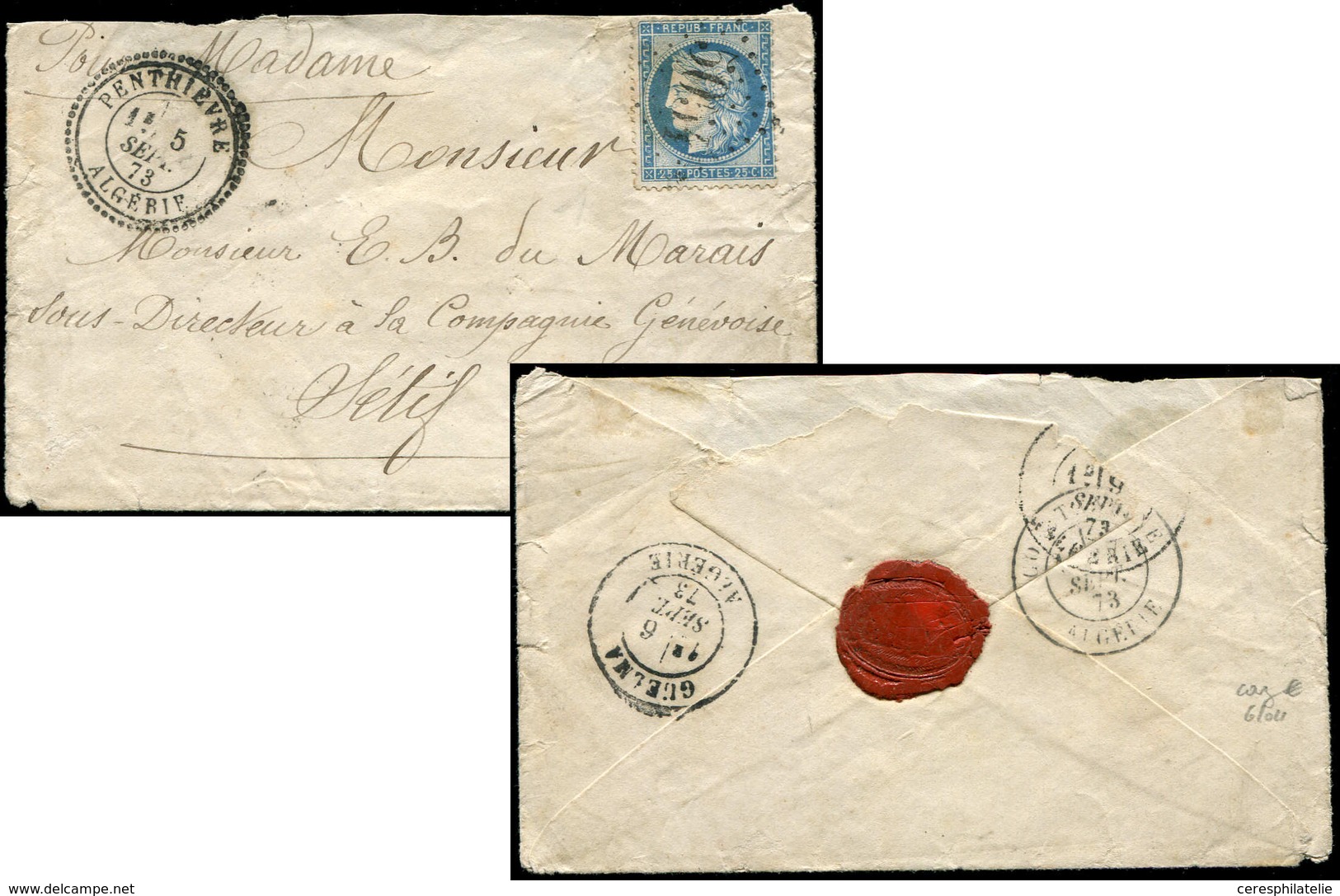 Let LETTRES ET OBLITERATIONS D'ALGERIE - N°60 Obl. GC 5054 S. Env., Càd T24 PENTHIEVRE 5/9/73, Arr. GUELMA 6/9, TB - 1849-1876: Classic Period