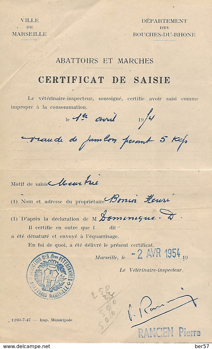 Certificat De Saisie 1954 - Abattoirs De Marseille - Matasellos Generales