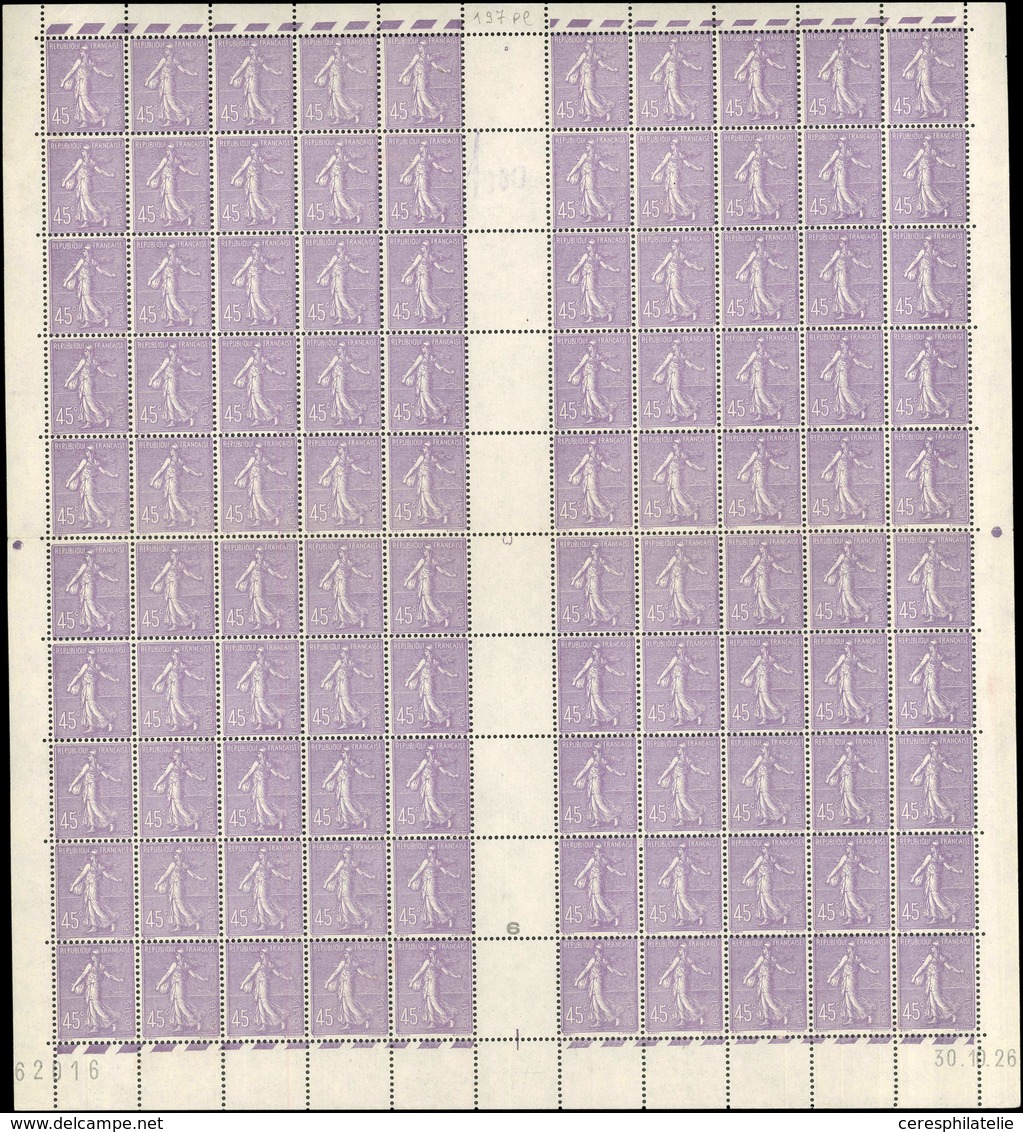 ** TIMBRES EN FEUILLES - 197   Semeuse Lignée, 45c. Lilas, FEUILLE De 100 Pliée, CD 30/6/26, TB - Hojas Completas