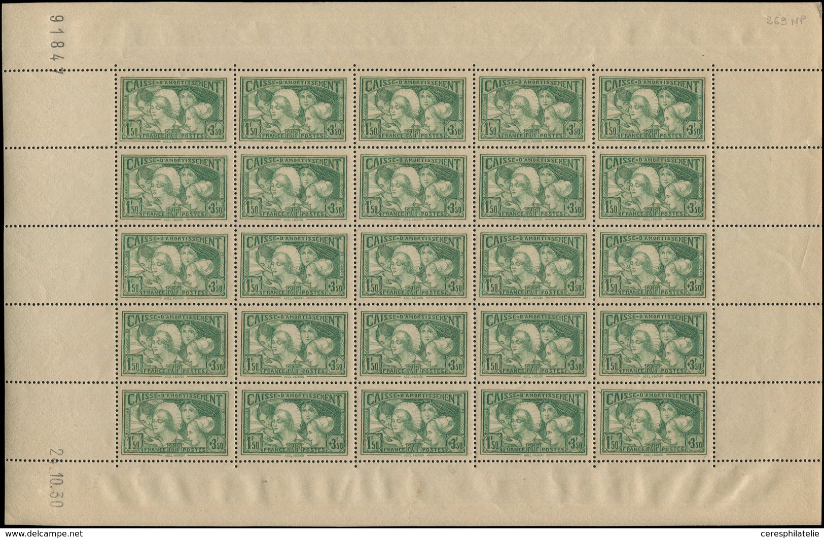 ** TIMBRES EN FEUILLES - 269   Provinces Françaises, 1f.50 + 3f.50 Vert, FEUILLE De 25 CD 24/10/30, TB - Hojas Completas