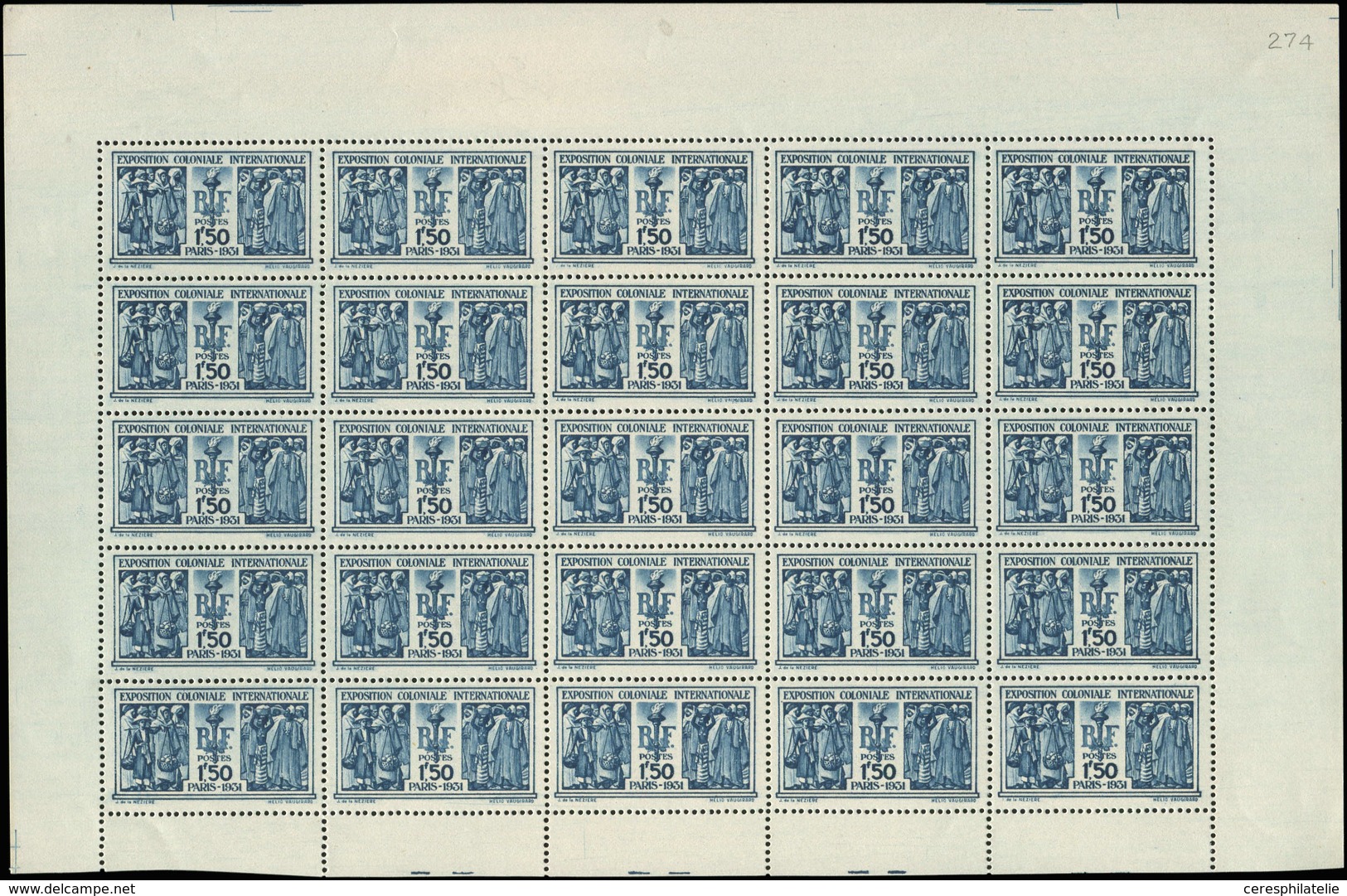 ** TIMBRES EN FEUILLES - 274   Expo Coloniale, 1f.50 Bleu, PANNEAU De 25, TB - Hojas Completas