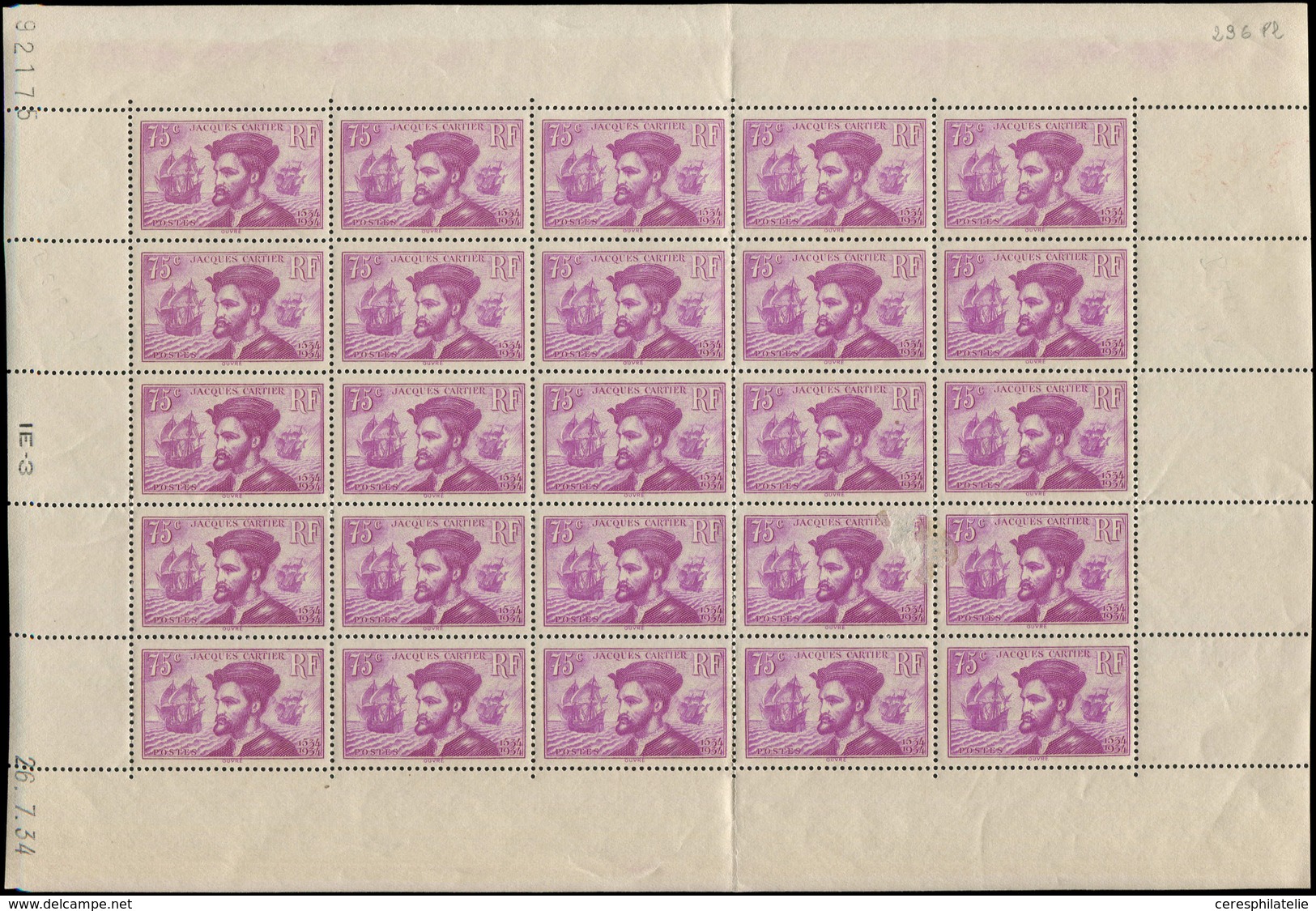 ** TIMBRES EN FEUILLES - 296   J. Cartier, 75c. Lilas, FEUILLE De 25 (pliée) CD 26/7/34, 2 Ex. Adh., Sinon TB - Hojas Completas