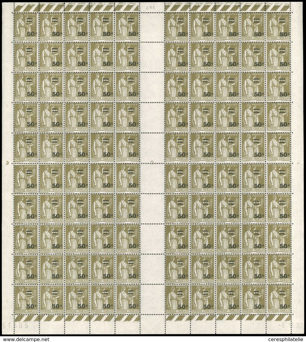 ** TIMBRES EN FEUILLES - 298   Paix, 50c. S. 1f.25 Olive, FEUILLE De 100 Pliée, CD 8/11/32, TB - Full Sheets