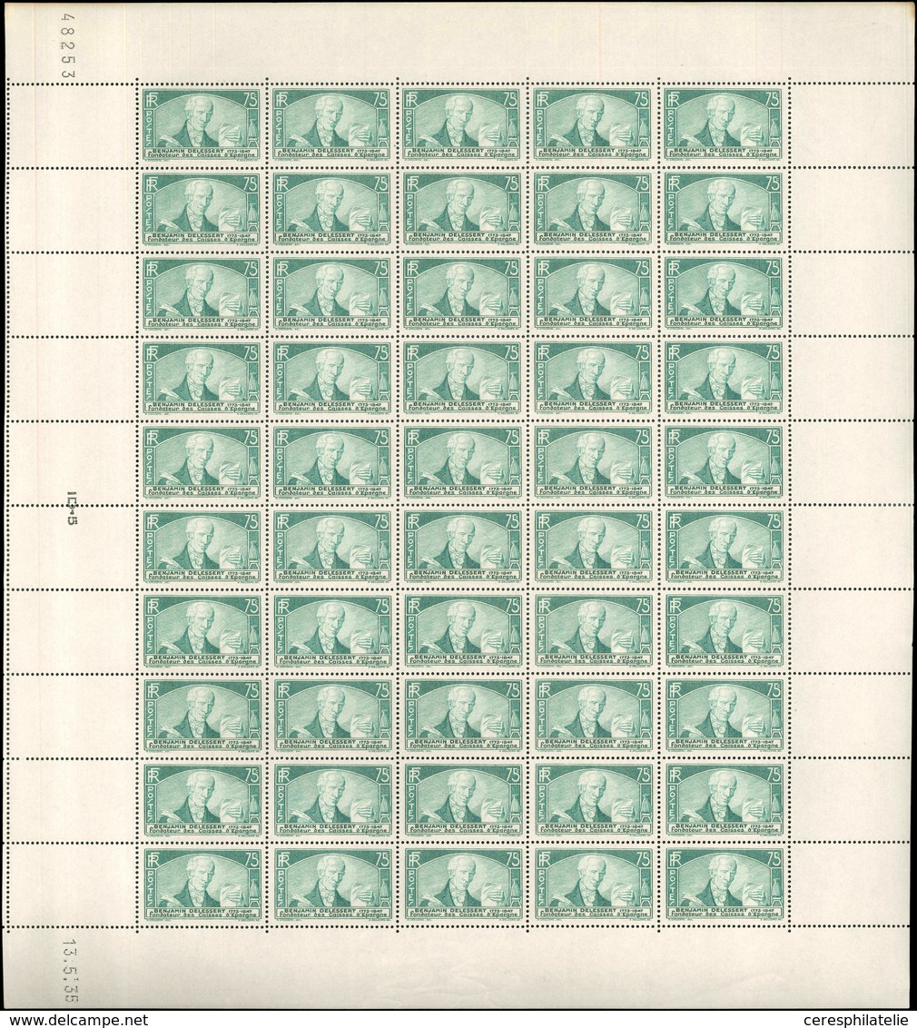 ** TIMBRES EN FEUILLES - 303   Delessert, 75c. Vert, FEUILLE De 50 (pliée) CD 13/5/35, TB - Hojas Completas