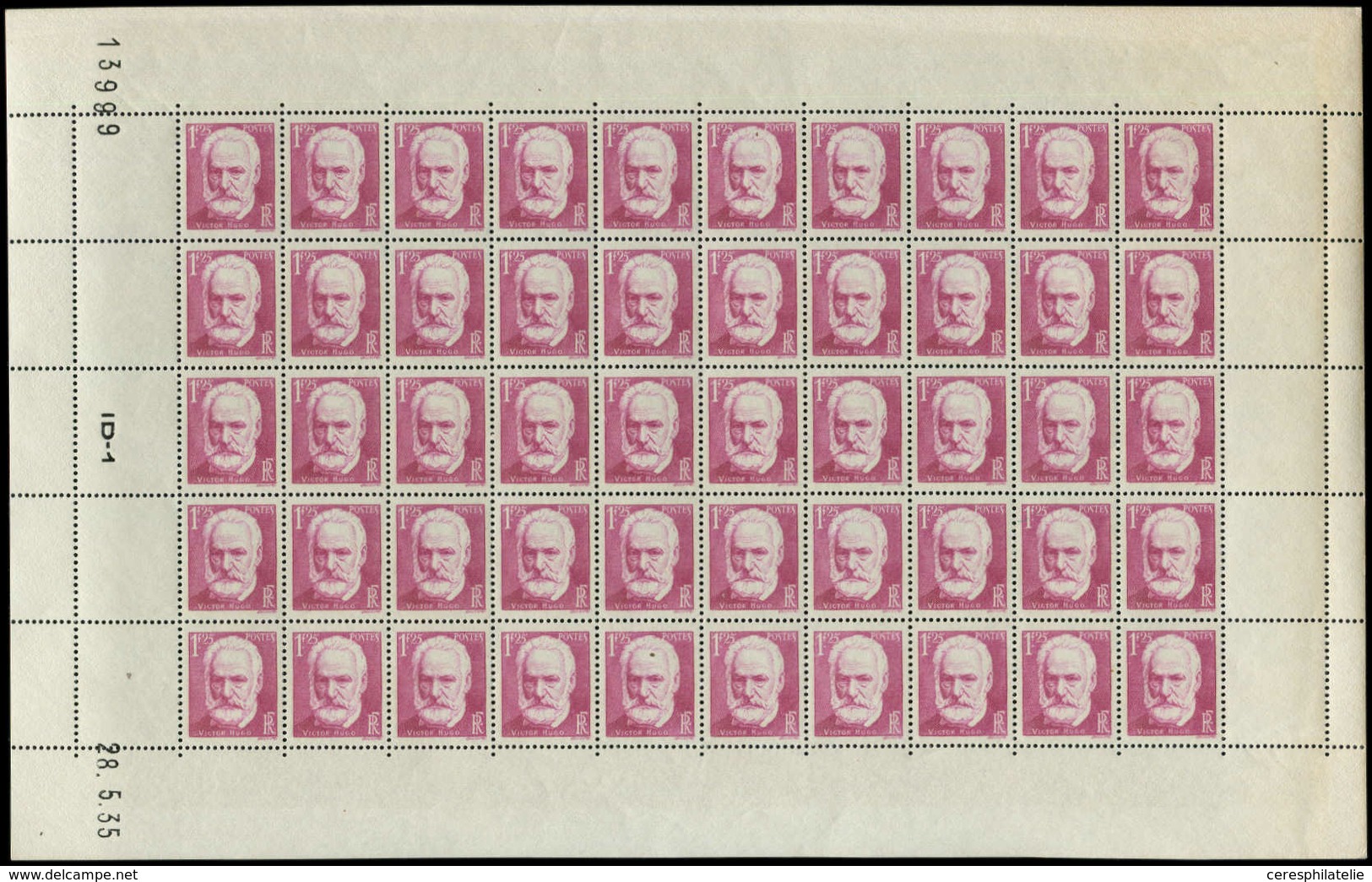 ** TIMBRES EN FEUILLES - 304   Victor Hugo, 1f.25 Lilas-rose, FEUILLE De 50 CD 28/5/35, TB - Hojas Completas