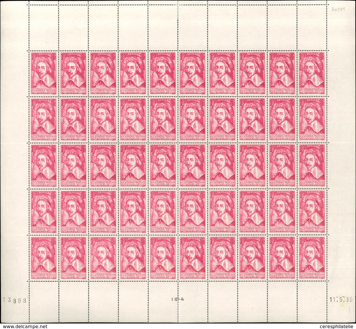 ** TIMBRES EN FEUILLES - 305   Richelieu, 1f.50 Rose, FEUILLE De 50 Pliée CD 11/5/35, TB - Hojas Completas