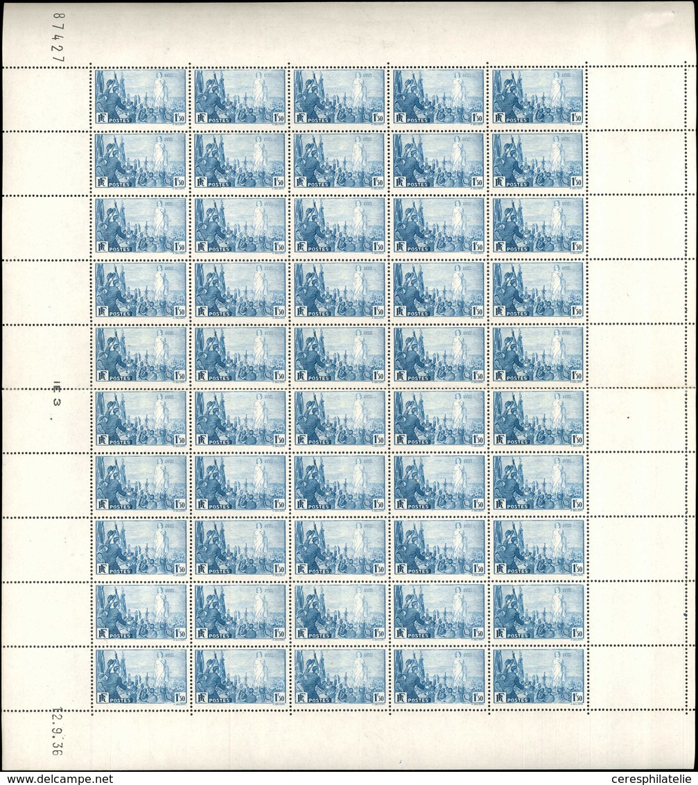 ** TIMBRES EN FEUILLES - 328   Rassemblement Pour La Paix, 1f.50 Bleu, FEUILLE De 50 Pliée, CD 12/9/36, TB - Hojas Completas